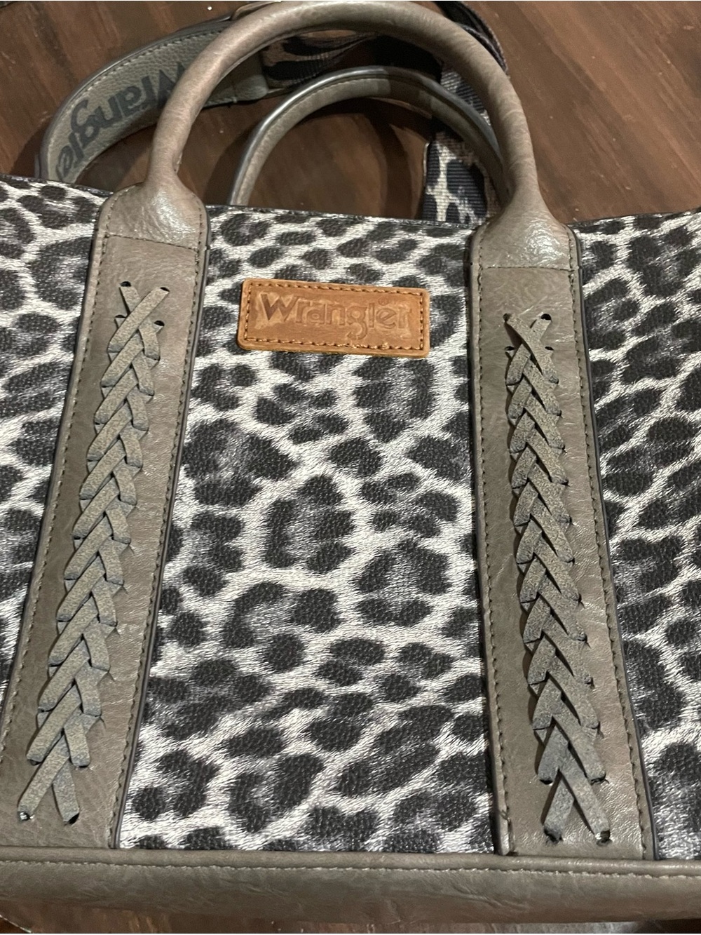 Wrangler Gray and Black Leopard Print Tote with Braided Trim